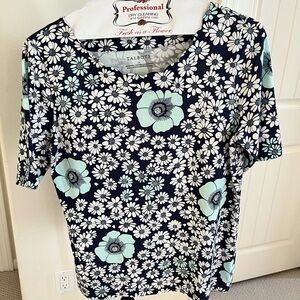 Talbots, size Small, navy and teal short sleeve floral top